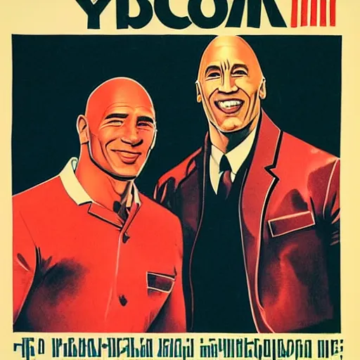 Image similar to soviet propaganda poster of bill nye and dwayne the rock johnson