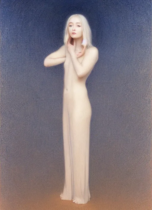 Prompt: thin young beautiful girl with silver hair, pale!, wearing white robes!, wearing hair, golden goddess, young cute wan korean face, silver hair!!, oil on canvas, style of jean delville, 4 k resolution, aesthetic!,