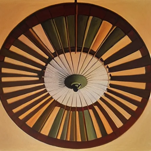 Prompt: an oil painting of a ceiling fan designed by frank lloyd wright