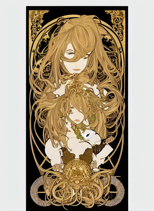 Image similar to photographer looking through camera, design on white background, gnarly details, gold, drawn by studio ghibli, alphonso mucha, lolish, trending on artstation