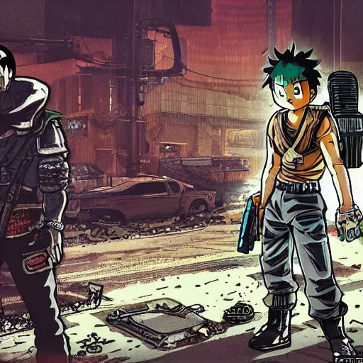 Image similar to ingame gameplay of a post-apocalyptic cyberpunk grimdark FPS video game in the style of akira toriyama in the style of fallout detailed realistic HD 8k High Resolution