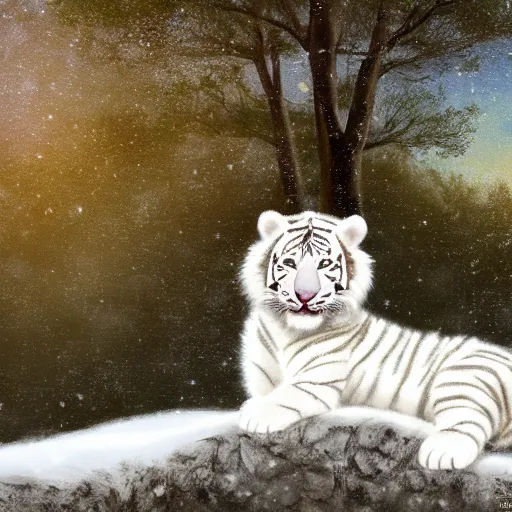 Image similar to cute fluffy white tiger cub sitting on rock in snowy winter landscape with trees detailed painting 4k
