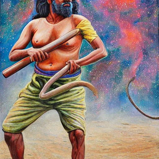 Image similar to portrait of head and body, single bangla farmer fighting on hoseback, hand to hand combat with machete, wielding machete, lungi, full body view, long flowing hair, fighting for his life, nebula aura surrounding subject, nestor canavarro art style, hyperrealist art style, sharp outlines