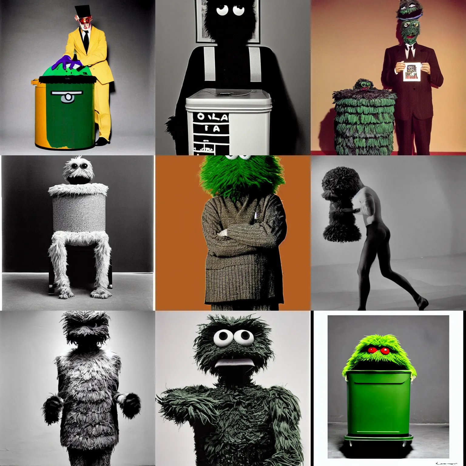 Prompt: a full body model photograph of oscar the grouch by hartmut newton