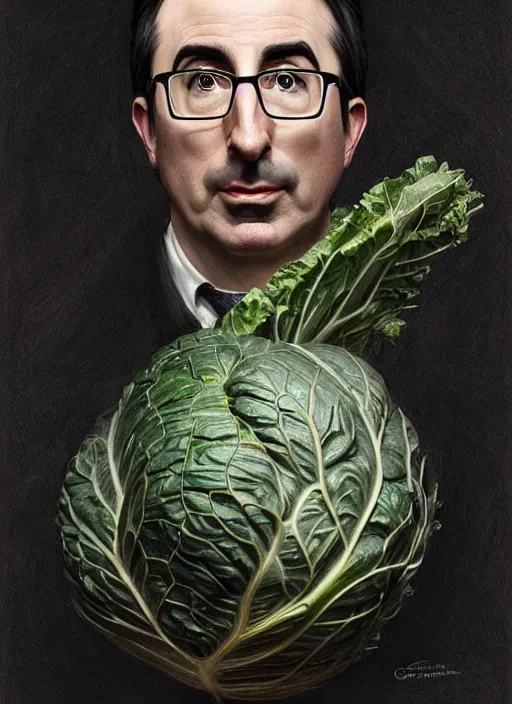 Image similar to a portrait of john oliver and a cabbage, stoic, fantasy, intricate, elegant, beautiful, highly detailed, charcoal, centered, dark, smokey, digital painting, artstation, concept art, smooth, sharp focus, illustration, art by artgerm and greg rutkowski and alphonse mucha