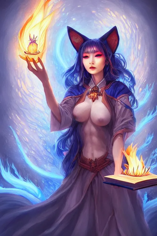 Prompt: gorgeous!!! hyper - realstic kitsune sorceress, holding a tattered magical book, casting a flame spell, blue flames | drawn by wlop, drawn by jeehyung lee, drawn by artgerm | fantasy, dark, intricate, highly detailed, digital painting, character design, concept art, illustration, artstation