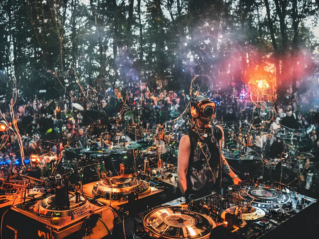 Image similar to a cyborg dj is playing a vast array of highly evolved musical technology on a stage surrounded by an incredible and complex circular robotic structure playing highly evolved music overlooking a crowd at a forest festival lit by fire