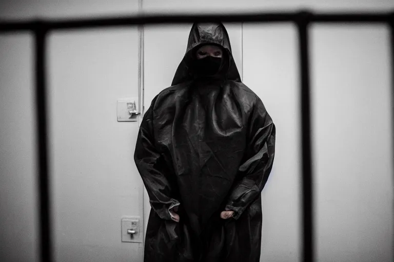 Image similar to a cinematic portrait of a prisoner dressed in a a black and white hazmat suit, in a small prison cell, dust storm, emergency exit, annie leibovitz and zack snyder, 8 k, hd, high resolution, 8 5 mm, f / 1. 8