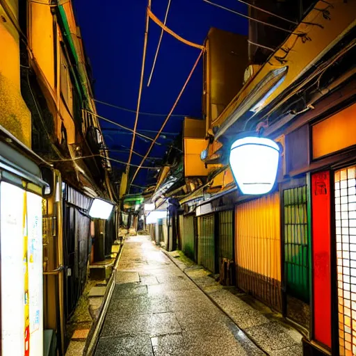 Image similar to Japanese alleyway at night, with a vending machine and powerlines hanging above. Professional quality photograph