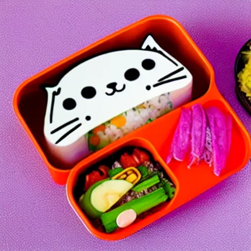 Prompt: a bento box in the shape of a cat. bright colored rush and rice make a picture of a cat in a nice little box.