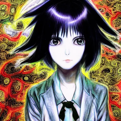 Image similar to yoshitaka amano realistic photo of a sinister anime girl with big eyes and long white hair wearing dress suit with tie and surrounded by abstract junji ito style patterns in the background, blurred and dreamy photo, noisy film grain effect, highly detailed, oil painting with expressive brush strokes, weird portrait angle