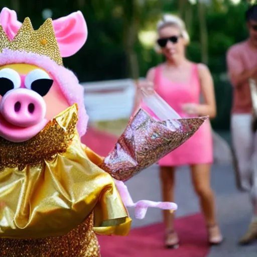 Image similar to pig at a party wearing a gold crowns as a Muppet holding a snack bag 8k