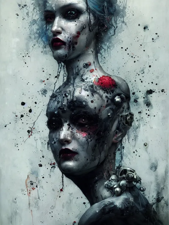 Image similar to a splatterpunk portrait of the ache of existence with shadowy eyes and bonewhite hair, with black glossy lips, hyperrealistic, award-winning, in the style of Tom Bagshaw, Cedric Peyravernay, Peter Mohrbacher