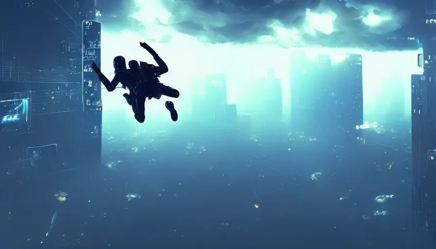 Image similar to man skydiving in dark cyberpunk city with clouds, volumetric lighting, dystopia, artstation, concept art, painting