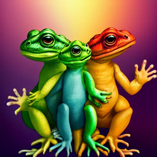 Image similar to three animals,trio, toad with wings front view holding a hand rainbow reptile front view holding hand golden lizard front view, trio, artstation, concept art, master illustration, details, good clear quality, fun - w 704