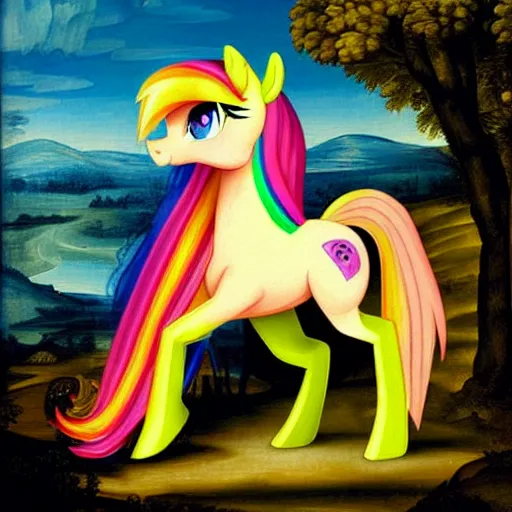 Image similar to my little pony painted in the style of renaissance paintings and lisa frank