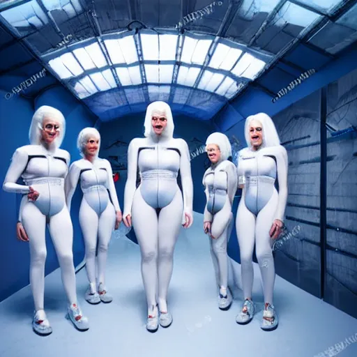 Image similar to troop of freak show women with white hair, white hair, tight light blue neopren suits, futuristic production facility, sci - fi, highly detailed, cinematic