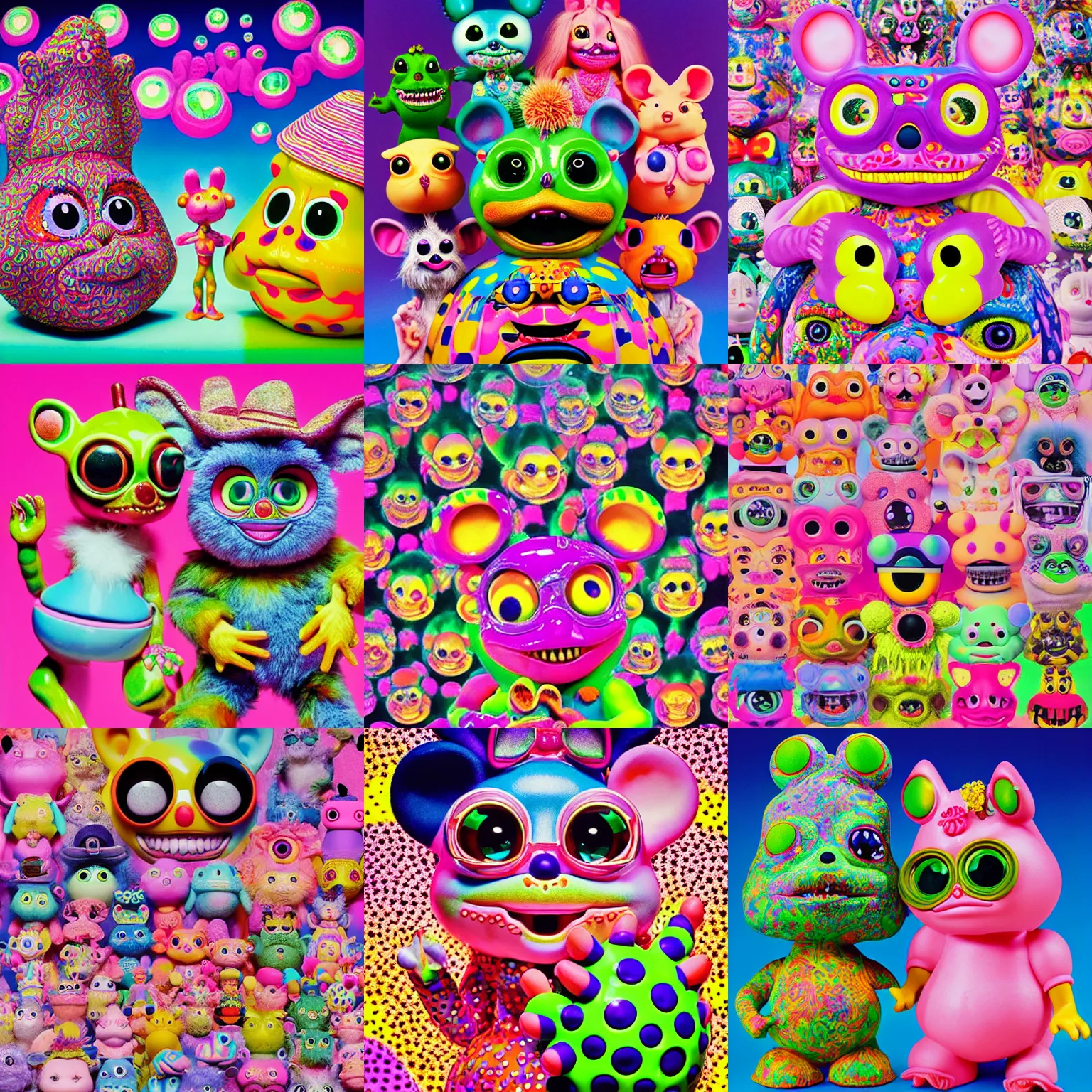 Prompt: hyperreal four dimensional 4D hindu furby cowboy rat fink barbie kewpie troll doll toby jug dino gameboy frog, kawaii high definition lifelike portrait art on 35mm film by Lisa Frank and Yayoi Kusama