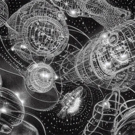 Image similar to a black and white drawing of a space station filled with equipment, a microscopic photo by ernst haeckel, zbrush central, kinetic pointillism, bioluminescence, intricate patterns, photoillustration