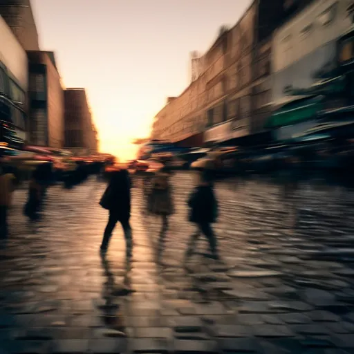 Prompt: film still man walking in crowded water street, motion blur, sunset,