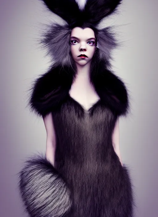 Prompt: full body environmental portrait photo of anya taylor - joy as catgirl, headpiece made from fur, glamour shot by gemmy woud - binnendijk, chris knight, photorealistic, canon r 3, fashion photography, elegant, luxury and elite, symmetry, octane render, unreal engine, solid dark grey background, dramatic lights, high fashion journal cover