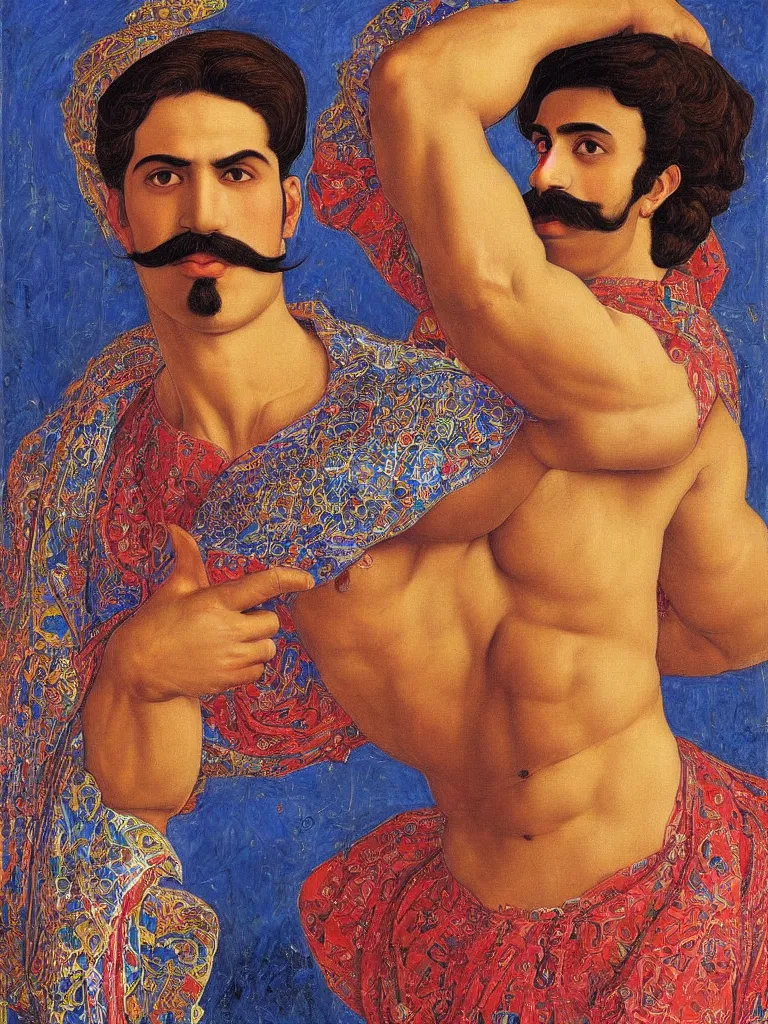 Prompt: portrait of a 20 years old muscular persian iranian wrestler handsome man with a mustache by victor Nizovtsev and botticelli