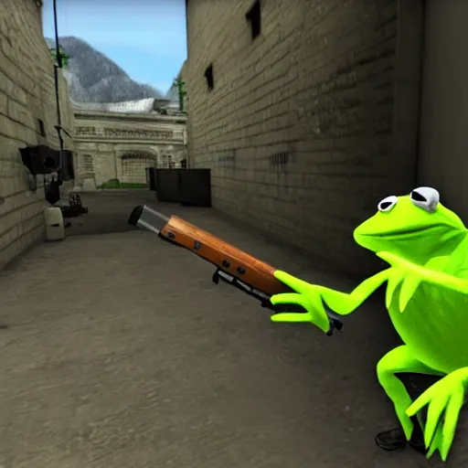 Image similar to a screenshot of Kermit inside a counter strike game, Kermit is holding an AK-47