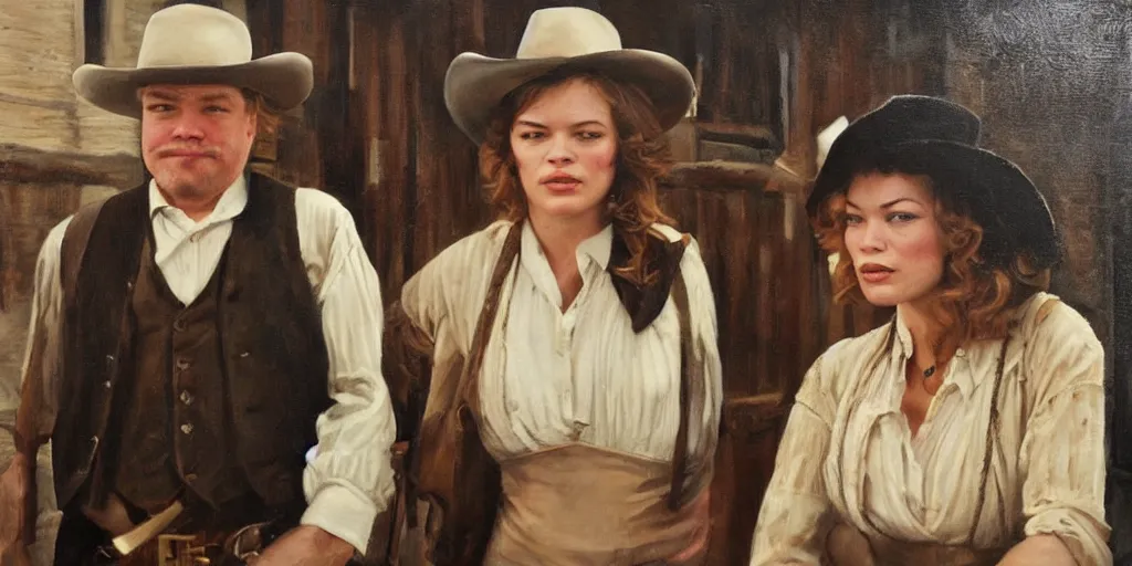 Prompt: oil painting of Phillip Seymour Hoffman as an old west banker and Mila Jovovich in a busy old west town