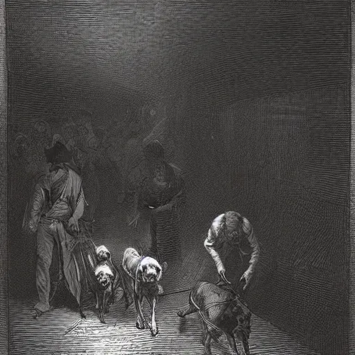 Image similar to a gentleman leading wild dogs on a leash, creepy, chiaroscuro, dark night, illustration by Gustave Doré,