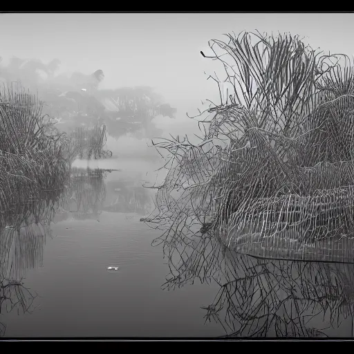 Image similar to remains of the stems of lotus flowers mirrored on a river and looking like sharp geometric scribbles, soft Chinese bridge contour far in the background, light fog, highly detailed black and white photograph by René Burri, 35mm, f/11, ISO 100, concept art, cgsociety, octane render, trending on artstation, artstationHD, artstationHQ, unrealengine