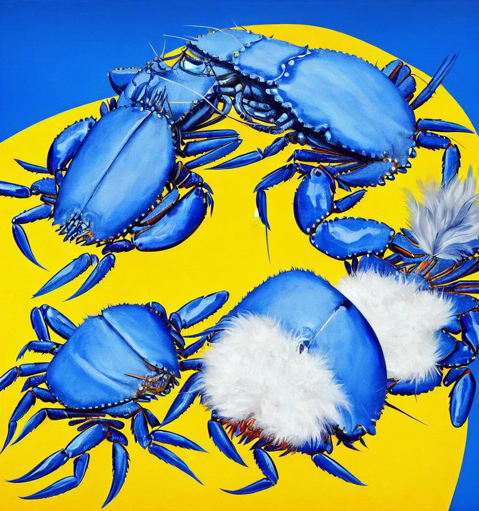 Image similar to still life painting of a blue fat fish crab lobster dancing on a white table with a yellow laughing duck rabbit on a white table, high contrast lighting, impressionism, real fur, real feather