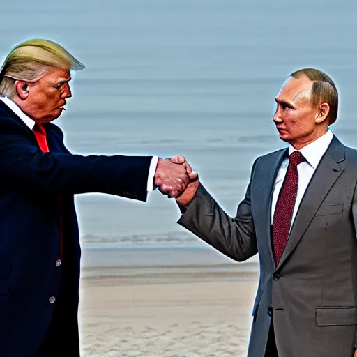 Prompt: photograph of donald trump and vladimir putin holding hands on the beach, dusk, romantic