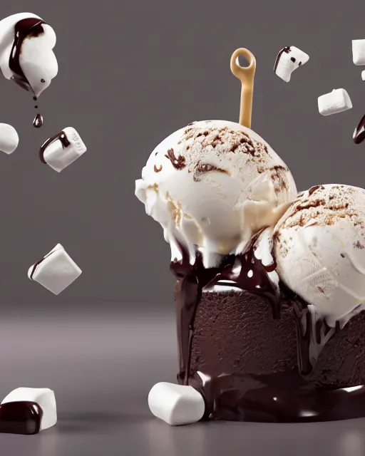 Image similar to ice cream sunday, delicious, glistening, chocolate sauce, marshmallows, highly detailed, award winning photography octane render