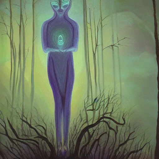 Image similar to painting of a tranquil alien made of light and glows meditating in dense forest by Li Lian Kolster, acrylic art, ethereal, soothing, somber, elegant, warm light, cozy, breathtaking,