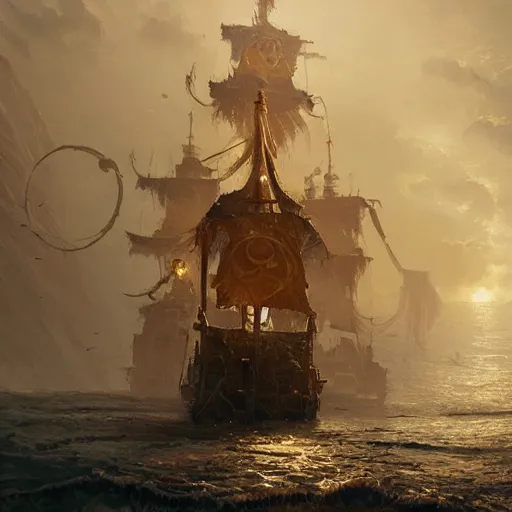 Image similar to detailed gold pirate ship by greg rutkowski, enigmatic atmosphere, beautiful and cinematic lighting, artstation hq.