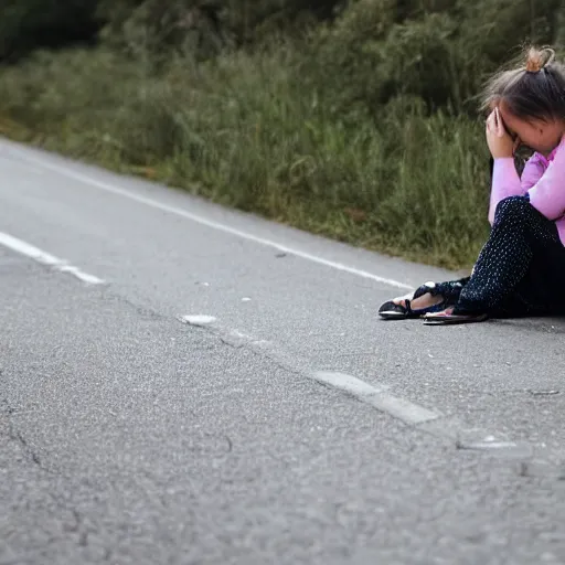 Image similar to a girl sat crying on a road