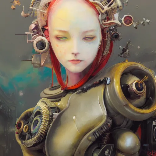 Image similar to surreal gouache painting, by yoshitaka amano, by ruan jia, by conrad roset, by good smile company, detailed anime 3 d render of a retro computer, cgsociety, artstation, rococo mechanical costume and grand headpiece, dieselpunk atmosphere