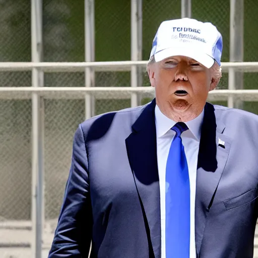 Prompt: donald trump behind bars in prison fatigues