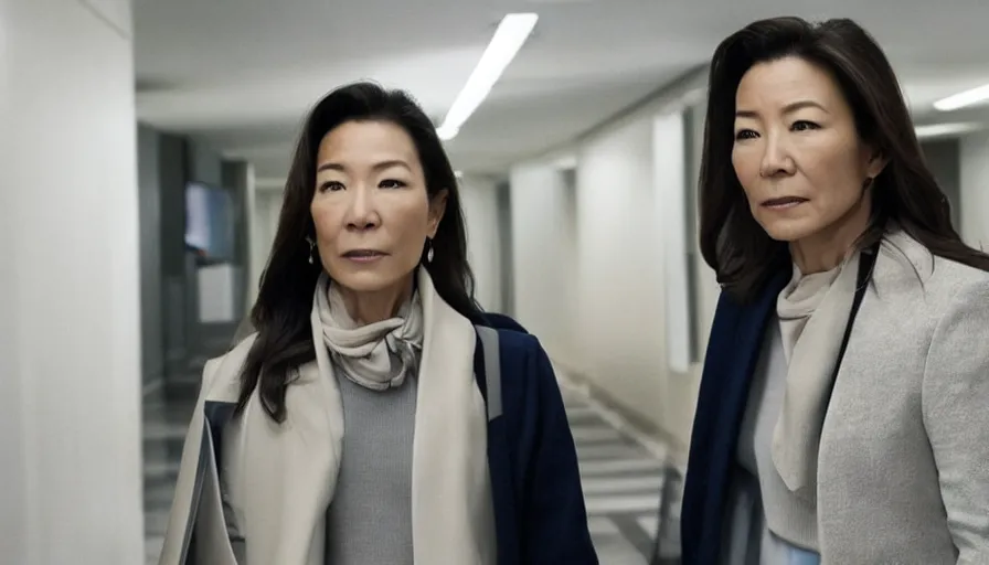 Image similar to michelle yeoh as evelyn wang from everything everywhere all at once ( 2 0 2 2 ) inside irs building, directed by'daniels ', cinematography by larkin seiple, martial arts multiverse movie still