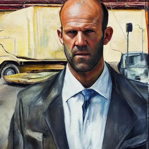 Prompt: portrait of jason statham pet detective standing atop a garbage truck mark rothko lucian freud greg rutkowski