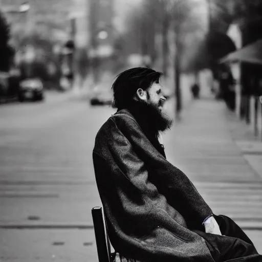 Image similar to black and white fashion photograph, highly detailed portrait of a depressed white drug dealer sitting on a bench on a busy street, looking into camera, natural light, rain, mist, lomo, fashion photography, film grain, soft vignette, sigma 85mm f/1.4 1/10 sec shutter