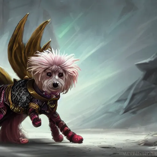 Prompt: Chinese crested powderpuff dog, armour, Anthropomorphized, casting epic spell, magic the gathering artwork, D&D, fantasy, cinematic lighting, centered, symmetrical, highly detailed, digital painting, artstation, concept art, smooth, sharp focus, illustration, volumetric lighting, epic Composition, 8k, art by Akihiko Yoshida and Greg Rutkowski and Craig Mullins, heroic pose, oil painting, cgsociety, magic lab background