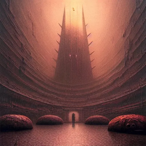 Image similar to alien city by zdzislaw beksinski, hd,