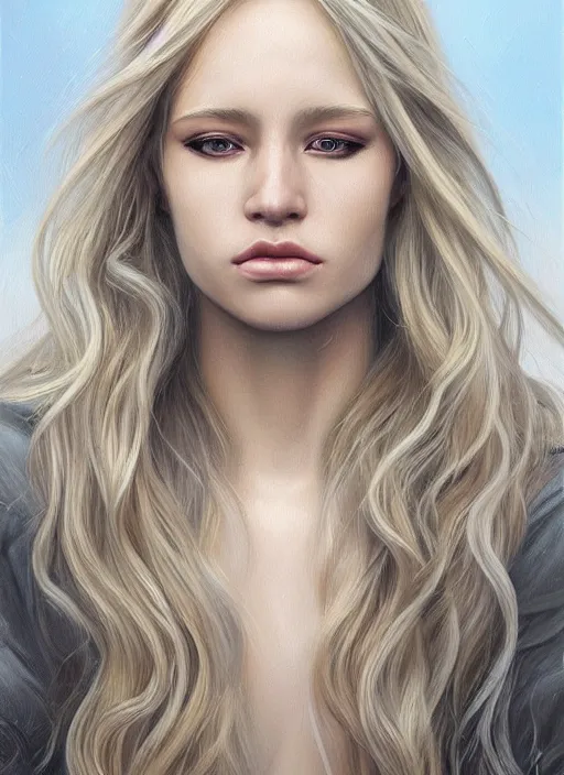 Image similar to a painting of a woman with long blonde hair, a photorealistic painting by magali villeneuve, featured on cgsociety, fantasy art, detailed painting, photorealistic