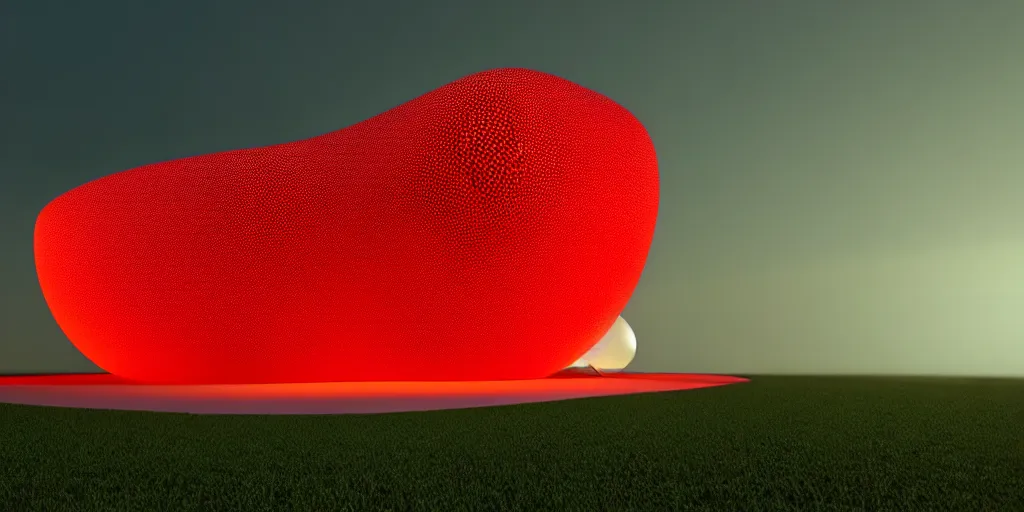 Image similar to A beautiful architectural rendering of a blob shaped trypophobia house with a mysterious red glow emitting from inside, stunning, gorgeous, golden ratio, photorealistic, featured on artstation, 4k resolution