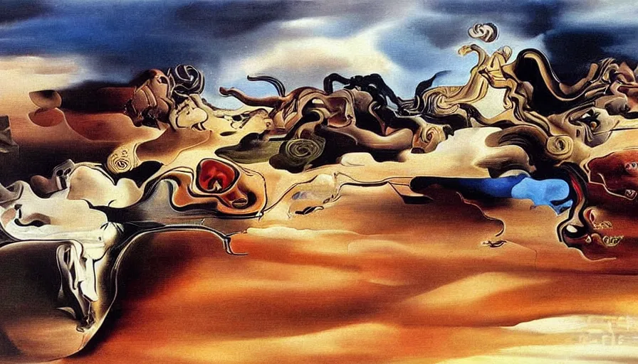 Prompt: gorgeous painting salvador dali premonition of civil war oil on canvas, 8 k 1 0 8 0 p