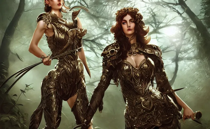 Prompt: Greek Goddess Artemis in moonlit forest, surrounded by !!animals!! wearing !!leather!! !!archer!! armour, medium shot portrait by artgerm loish and WLOP, octane render, dynamic lighting, asymmetrical portrait, dark fantasy, cool toned, trending on ArtStation