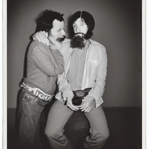 Prompt: a black and white polaroid photo of dudes in love, by robert crumb, by jim henson, by gary baseman, high contrast, soft lighting, surreal, film photography, cinematic photography