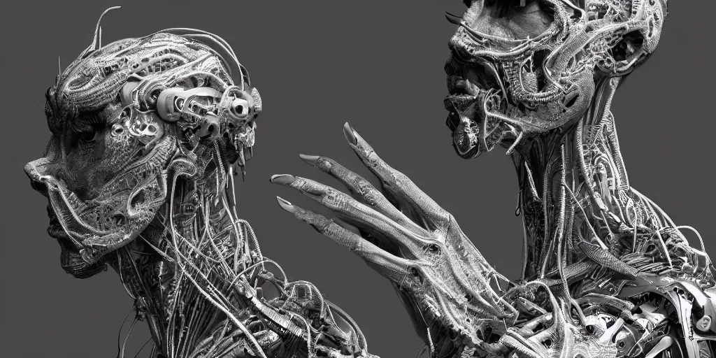 Image similar to hyper realistic photography of a stunningly beautiful cyborg male, intimately holding close, in the style of beth cavener, jin kagetsu,, and wlop, highly detailed, intricate filigree, symmetry, masterpiece, award winning, sharp focus, concept art, highkey lighting, ambient lighting, octane render, 8 k, artstation