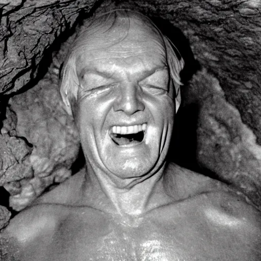 Image similar to photo inside a cavern of a wet reptilian humanoid robert wyatt partially hidden behind a rock, with black eyes, open mouth and big teeth